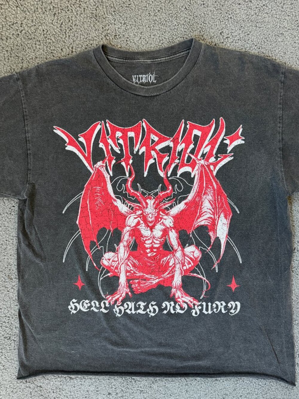 Vitriol Hell Hath No Fury Charcoal Graphic Tee XL Vintage Wash Raw Hem Tubular
